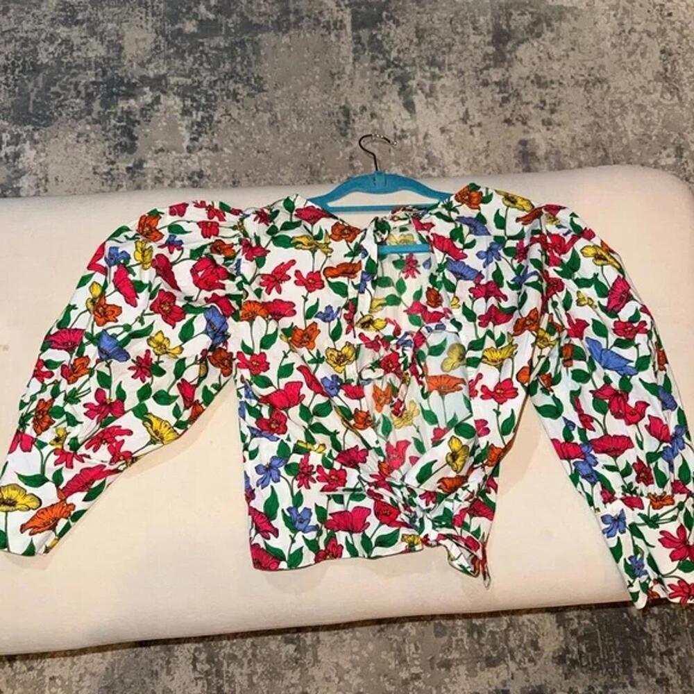 Floral Tie-Front Puff Sleeve Top in White